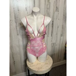 Pink Lace Cutout Bodysuit Lingerie Size S Sexy Strappy Mesh Teddy Floral Lace On